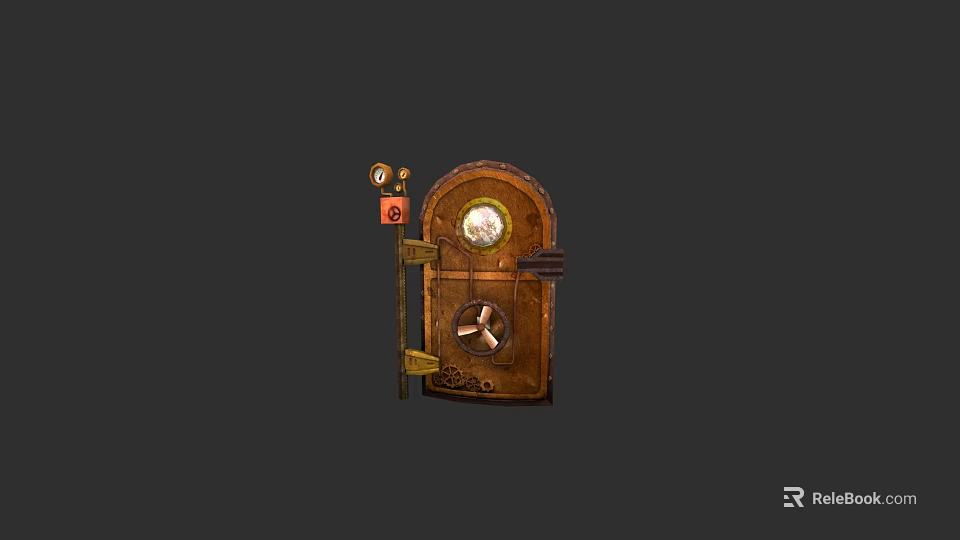 Antique Brown Door With Round Window Mechanical Gauges And Pipes 3d model 
