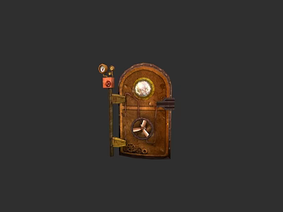 Antique Brown Door With Round Window Mechanical Gauges And Pipes 3d model