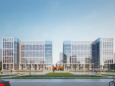 Modern Commercial Complex With Glass Curtain Walls Symmetrical Architecture Plaza Lawn Pedestrians And Vehicles 3d model
