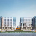 Modern Commercial Complex With Glass Curtain Walls Symmetrical Architecture Plaza Lawn Pedestrians And Vehicles