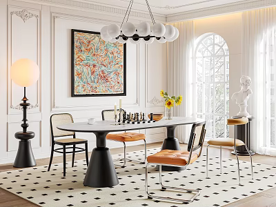 Elegant Dining Table Set With Orange Chairs Colorful Artwork Checkered Rug And Chandelier 3d model