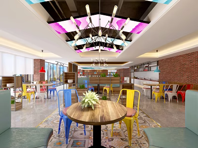 Vibrant Restaurant Interior Design With Colorful Chandeliers Wooden Tables And Brick Walls 3d model