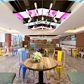 Vibrant Restaurant Interior Design With Colorful Chandeliers Wooden Tables And Brick Walls