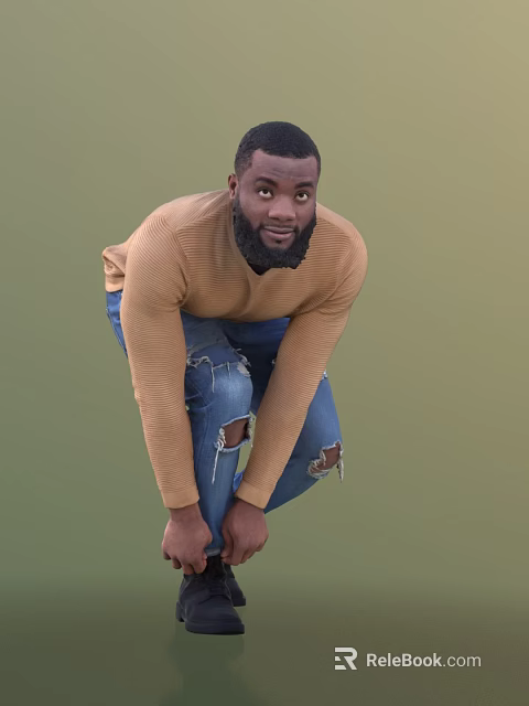 Man In Brown Ribbed Sweater And Distressed Blue Jeans Squatting Against Green Background 3d model 