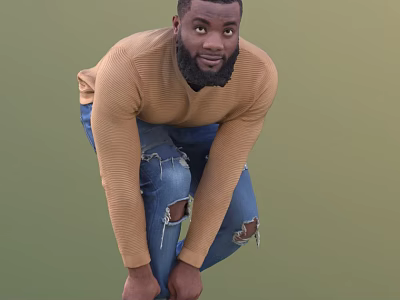 Man In Brown Ribbed Sweater And Distressed Blue Jeans Squatting Against Green Background 3d model
