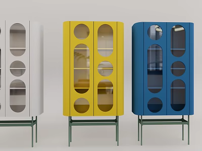 Colorful Decorative Cabinets With Circular Cutouts Glass Doors And Green Stands 3d model