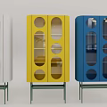 Colorful Decorative Cabinets With Circular Cutouts Glass Doors And Green Stands