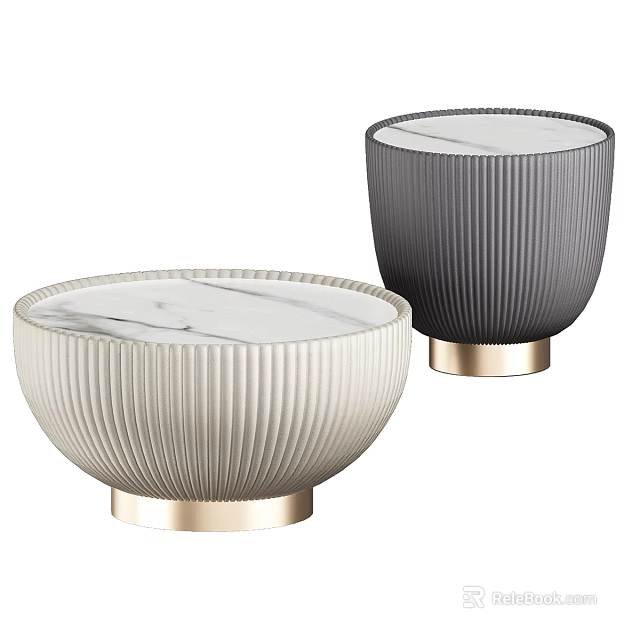 Beige And Gray Coffee Tables With Marble Top Gold Base And Ribbed Design 3d model 