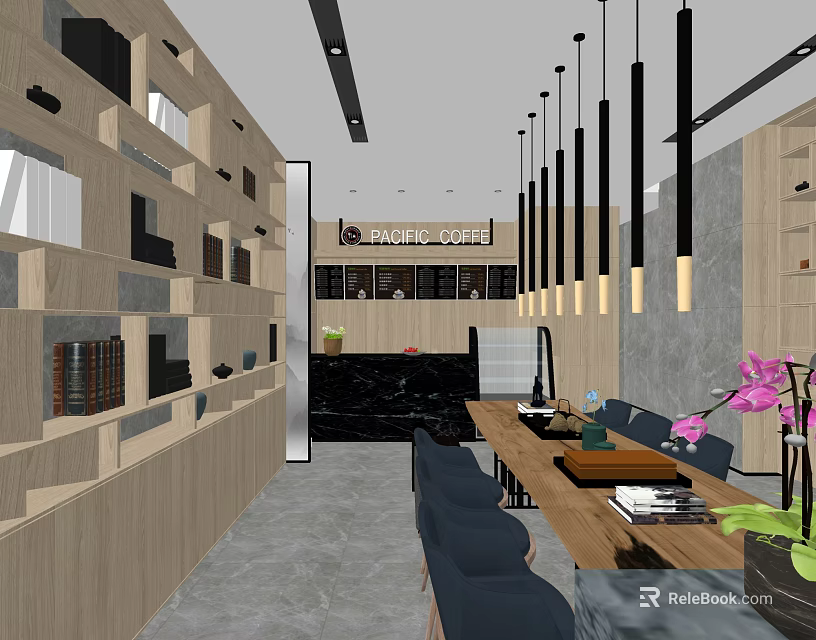 Magic Coffee Shop Interior With Wooden Shelves Black Counter Pendants Wooden Table And Purple Orchid 3d model 