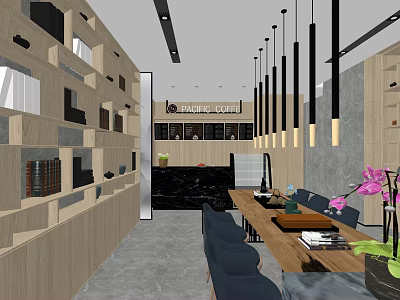 Magic Coffee Shop Interior With Wooden Shelves Black Counter Pendants Wooden Table And Purple Orchid 3d model
