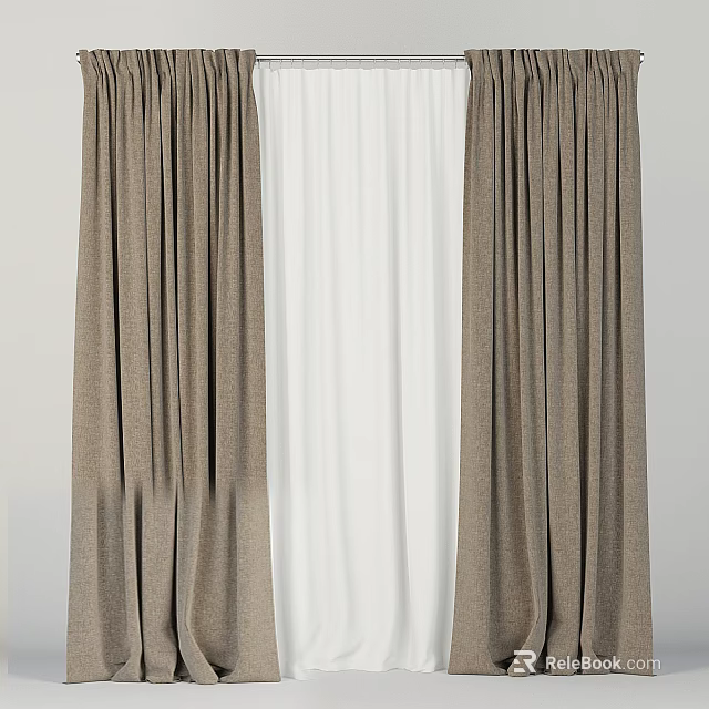 Brown Curtains With White Lining Double Layer Fabric Pleated Design 3d model