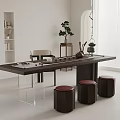 Modern Tea Table with Transparent Legs Dark Top and Red Seat Stools 3d model