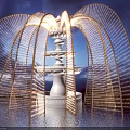 Art Installation With Illuminated Arch Structures White Tiered Base And Water Reflection 3d model