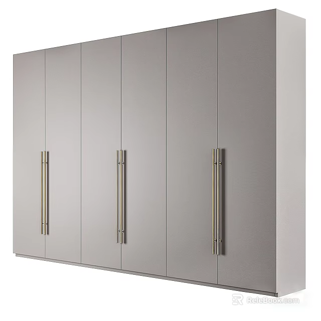 Modern Light Gray Wardrobe With Panel Doors And Brushed Metal Handles 3d model 