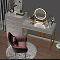 Elegant White Dressing Table With Gold Legs Round Mirror Pink Chair And Cosmetics