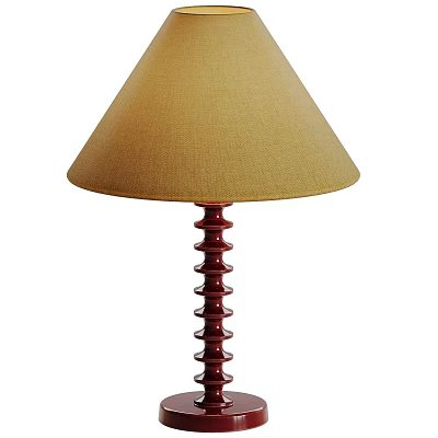 Stylish Table Lamp With Beige Fabric Cone Shade And Dark Red Spiral Stand 3d model