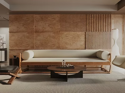 Modern Living Room Interior With Beige Sofa Wooden Accent Wall Vertical Slat And Striped Rug 3d model