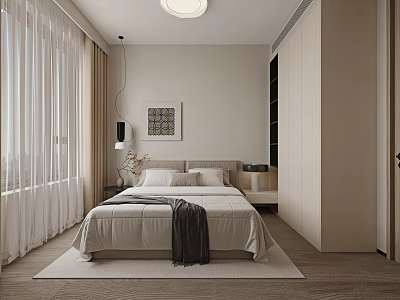 Minimalist Modern Bedroom Interior With Large Bed Floor to Ceiling Windows White Curtains And Bedside Lamps 3d model