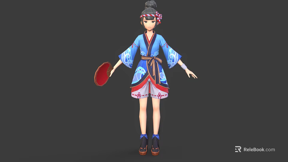 Traditional Female Character In Blue Red Robe With Phoenix Pattern Holding Red Circular Fan 3d model 