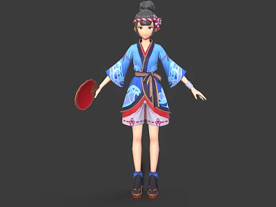 Traditional Female Character In Blue Red Robe With Phoenix Pattern Holding Red Circular Fan 3d model