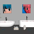 Two White Bathtubs In Modern Bathroom Interior With Wall Cartoon Paintings Green Plant And Toiletries