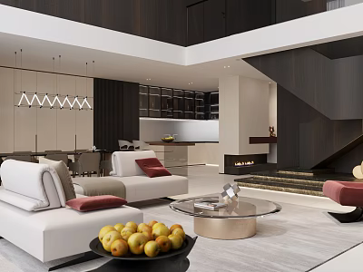 Modern Loft Living Room With Sofas Glass Coffee Table And Pendant Lights 3d model