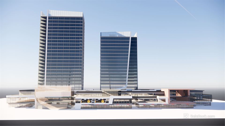 Modern High Rise Office Building Complex With Glass Curtain Wall And Connected Base Structure 3d model 