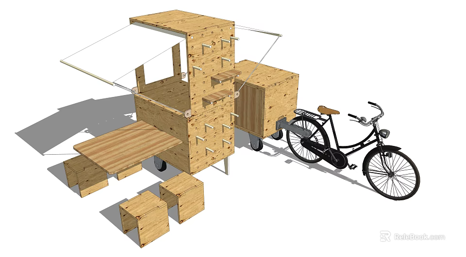 Functional Wooden Cart With Bicycle Trailer Canopy Platform And Stools 3d model