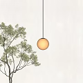 Round White Pendant Light Hanging With Soft Glow Near Green Tree Branches Against Beige Wall