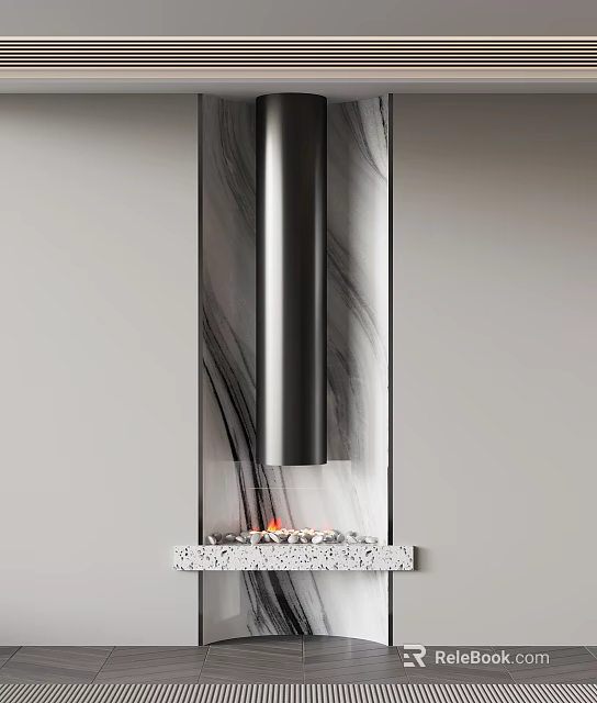 Modern Fireplace Design With Black Metal Chimney Marble Texture And White Stone Base 3d model 