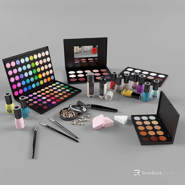 Premium Perfume And Cosmetics Collection Featuring Eyeshadow Palettes Lipsticks Nail Polishes And Brushes 3d model 