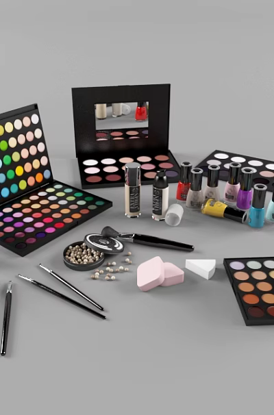 Premium Perfume And Cosmetics Collection Featuring Eyeshadow Palettes Lipsticks Nail Polishes And Brushes 3d model
