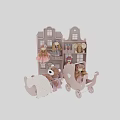 Decorative Ornament Set With Dolls Teddy Bear House Shaped Shelves And Pink Pram