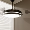 Stylish Modern Chandelier With Round White Shade And Curved Metal Accents Near Window With Blinds
