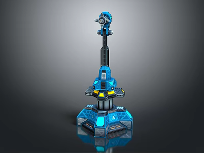 Cartoon Sci Fi Mechanical Tower with Blue Hexagonal Base and Multi Layered Structure 3d model
