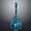 Cartoon Sci Fi Mechanical Tower with Blue Hexagonal Base and Multi Layered Structure