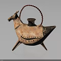 Vintage Handcrafted Horse Shaped Ceramic Water Vessel With Red Handle And Three Legs