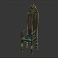 Traditional Wooden Chair Featuring High Pointed Back Armrests Blue Padded Seat And Slender Legs