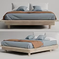 Modern Double Bed with Wooden Frame Blue Bedding and Brown Blanket 3d model