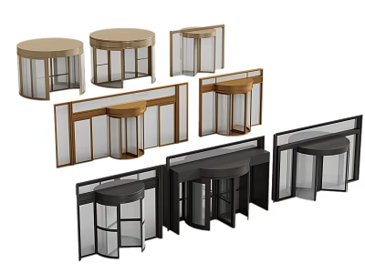 Modern Revolving Door Designs With Glass Panels And Wooden Frames In Gold Black Brown 3d model