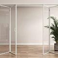 Transparent Glass Folding Door With White Frame Indoor Wooden Floor And Green Plant