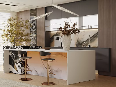 Modern Restaurant Open Kitchen With Marble Island Counter Bar Stools And Plants 3d model