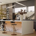Modern Restaurant Open Kitchen With Marble Island Counter Bar Stools And Plants