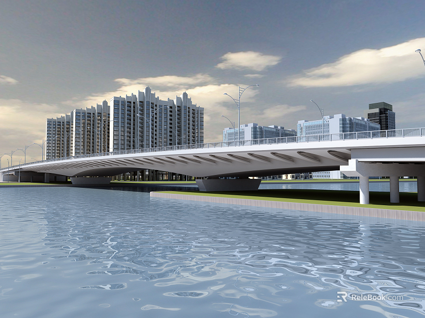 Landscape Bridge Over Water Surface With Modern High Rise Buildings And Street Lamps 3d model 
