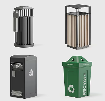 Public Facilities Different Types of Trash Bins with Metal and Plastic Designs for Waste Classification 3d model