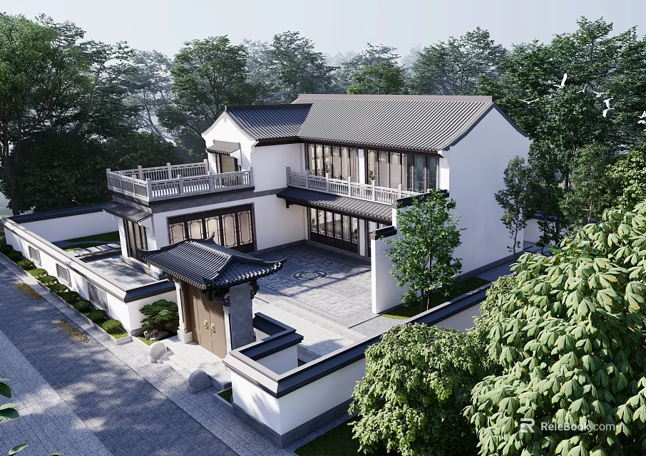 Traditional Chinese Detached Villa With White Walls Gray Tiles And Courtyard Surrounded By Trees 3d model 