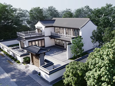 Traditional Chinese Detached Villa With White Walls Gray Tiles And Courtyard Surrounded By Trees 3d model
