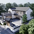 Traditional Chinese Detached Villa With White Walls Gray Tiles And Courtyard Surrounded By Trees