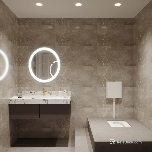 Modern Bathroom Interior Design With Round Illuminated Mirror And Marble Vanity Cabinet 3d model 