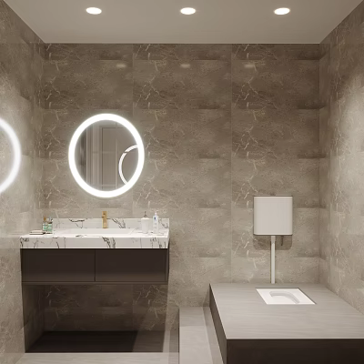 Modern Bathroom Interior Design With Round Illuminated Mirror And Marble Vanity Cabinet 3d model